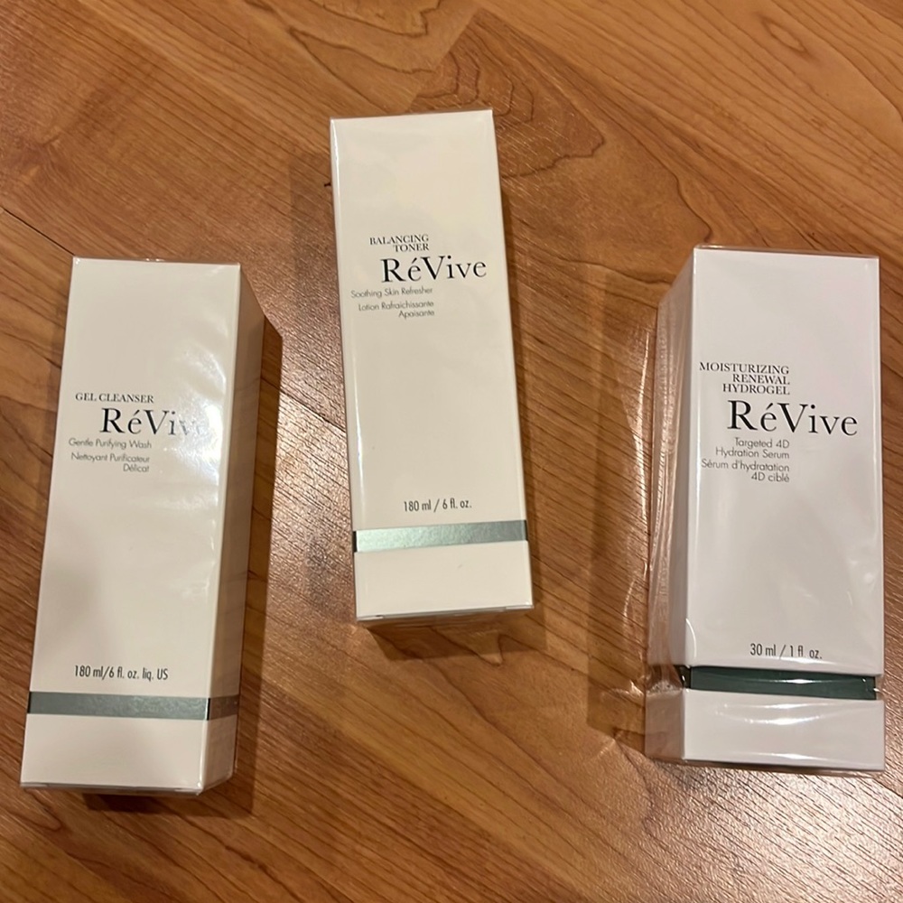 RéVive Gel cleanser, balancing toner, and moisturizing renewal hydrogel